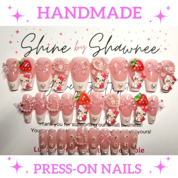 Handmade Luxury Press-On Nails | Sturdy & Reusable | HELLO KITTY STRAWBERRIES - Picture 1 of 8